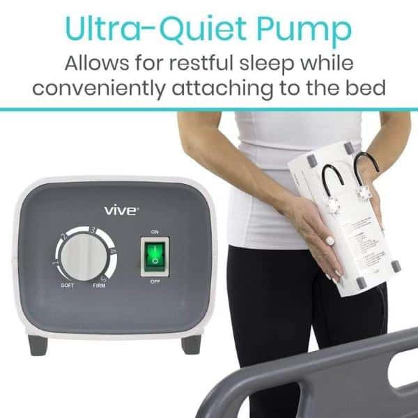 A person holding a box with an ultra-quiet pump, designed to attach to the bed for restful sleep. Ideal for the Alternating Pressure Pad for Hospital Bed, it features an adjustable dial from soft to firm and an on/off switch.