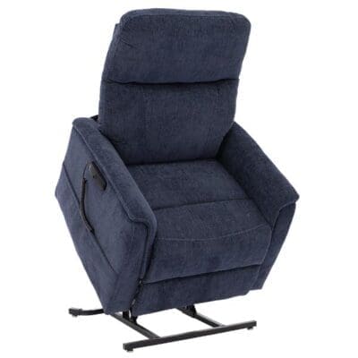 The Sitting Pretty Genesis LC-150 Lift Chair, in blue fabric, features a lift mechanism, padded backrest and armrests, and a side control panel for adjustments. The chair is shown partially elevated to demonstrate its lift function.