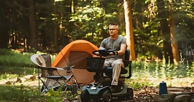 A man on his mobility scooter traveling through a campsite outdoors.
